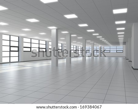Empty Office With White Columns And Large Windows