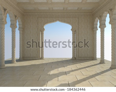Classic interior with arches and columns. Perspective view