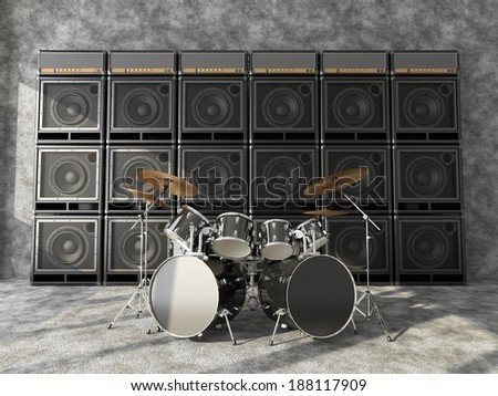 Drum set on a background of a wall of guitar amps