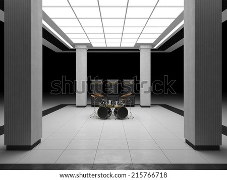 Drum kit and guitar amps in abstract room