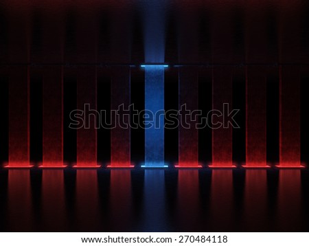 Abstract high tower illuminated with red light, one of them is highlighted in blue