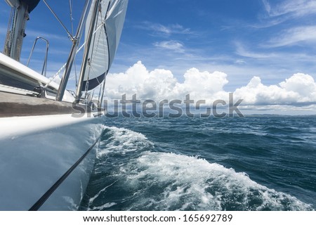 sailing/ a pleasure yacht under full sail in Fiji, shot from the starboard side towards the bow
