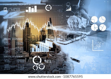Financial report data of business operations (balance sheet and  income statement and diagram) as Fintech concept.Double exposure of Business team meeting present.professional investor working.
