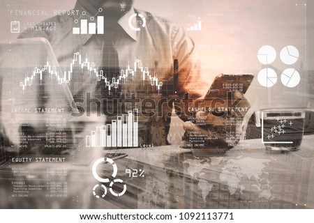Financial report data of business operations (balance sheet and income statement and diagram) as Fintech concept.Double exposure of success businessman using smart phone,digital tablet.