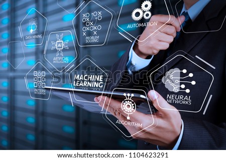 Machine learning technology diagram with artificial intelligence (AI),neural network,automation,data mining in VR screen.businessman hand using tablet computer and server room background