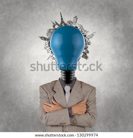 businessman and light bulb head and traveling around the world as concept