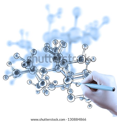 scientist doctor hand draws virtual molecular structure in the lab as medical concept