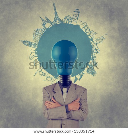 businessman and light bulb head and traveling around the world as vintage style concept