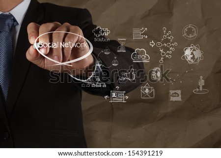hand drawing diagram of social network structure with crumpled recycle paper background  as concept