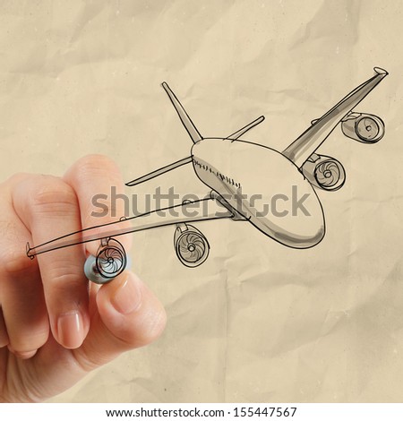 hand drawing airplane with crumpled paper background as concept