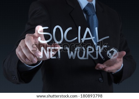 businessman working with new modern computer show social network text as concept