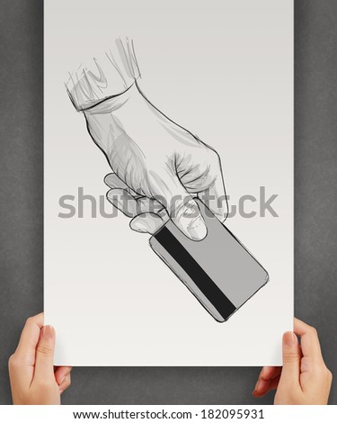 hand drawn hand holding up credit card on crumpled paper background concept