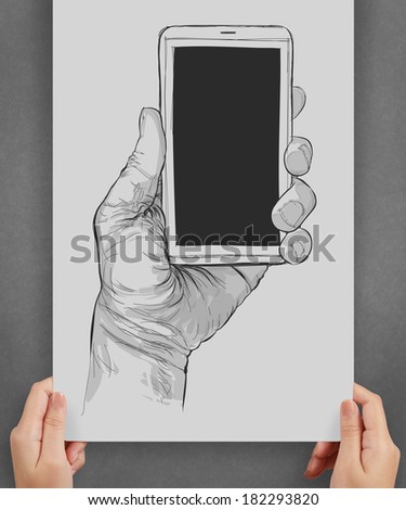 showing Hand drawn hands with mobile phone on poster as concept