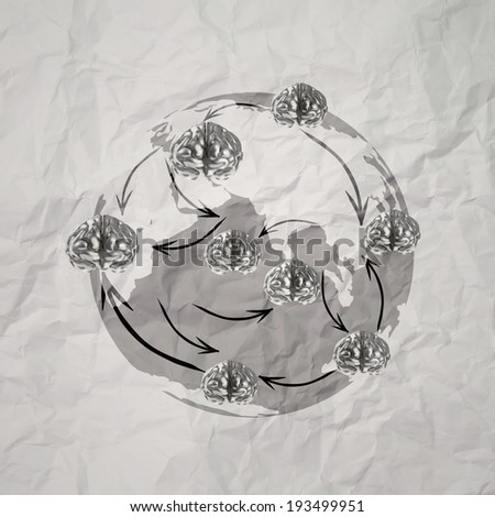 3d metal brain as social network structure on wrinkled paper creative concept