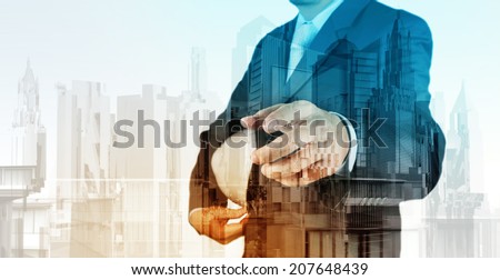 Double exposure of business engineer and abstract city as concept