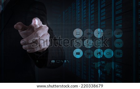 businessman hand working with www. written in search bar on modern computer interface