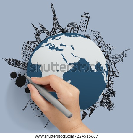 hand drawn traveling around the world on blue background