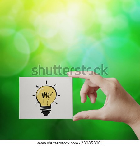 hand showing hand drawn lightbulb on canvas with nature background