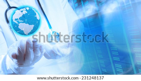 Double exposure of smart medical doctor holding the world with operating room as concept