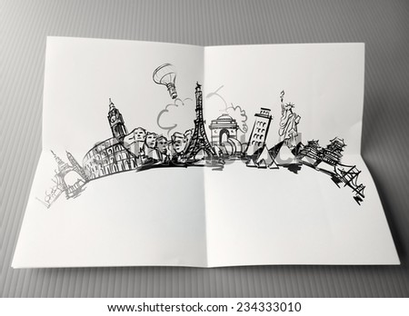 hand drawn traveling around the world on paper background as vintage concept