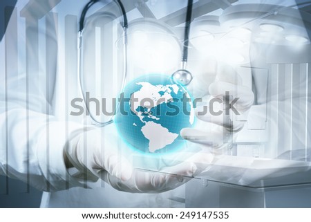 Double exposure of smart medical doctor holding the world with network diagram as concept