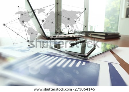 business documents on office table with smart phone and digital tablet as work space business with social network diagram concept