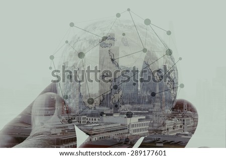 double exposure of businessman hand showing texture the world concept and social network diagram Elements of this image furnished by NASA london city background