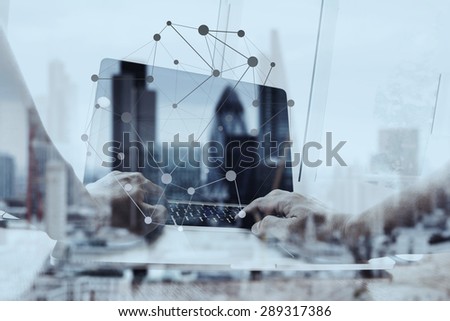 Double exposure of businessman working with new modern computer show social network structure and london city blurred background