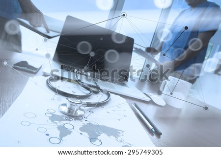 team doctor working with laptop computer in medical workspace office and medical network media diagram as concept with network diagram