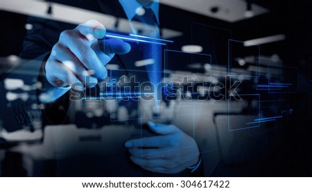 double exposure of businessman hand pushing on a touch screen interface