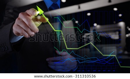 double exposure of businessman hand drawing virtual chart business on touch screen computer as concept