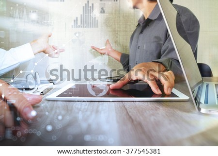 Businessman making presentation with his colleagues and business strategy digital layer effect at the office as concept