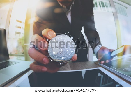 close up of businessman hand showing texture the world with digital social media network diagram concept Elements of this image furnished by NASA