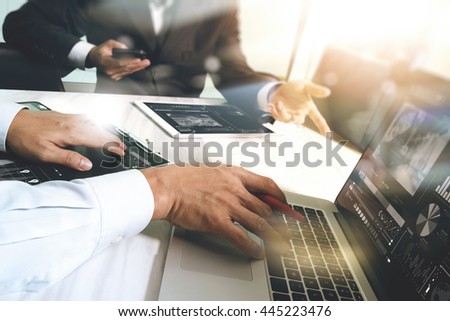 Business team meeting present. Photo professional investor working with new startup project. Finance managers meeting.Digital tablet laptop computer design smart phone using, Sun flare effect