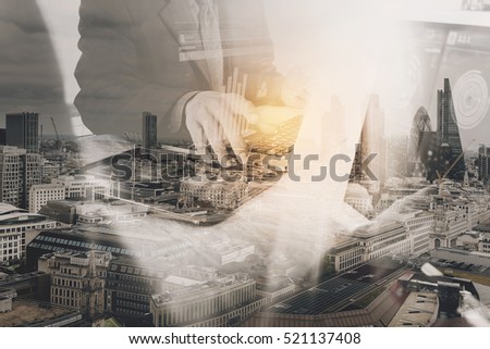 Double exposure of Business team meeting present. Photo professional investor working with new start up project.Digital tablet laptop computer with London architecture,building