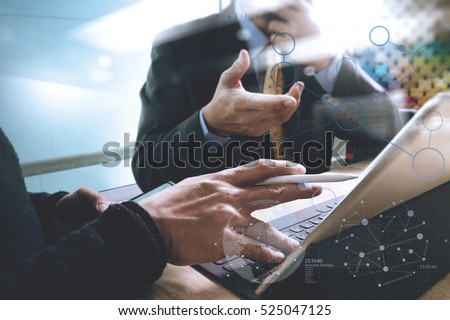 Business team meeting present. professional investor working new start up project. Finance managers meeting.Digital tablet keyboard docking screen computer design smart phone using, sun effect