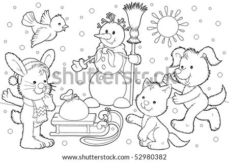 Snowman with Christmas gifts, bunny, kitten, pup and bird - stock photo