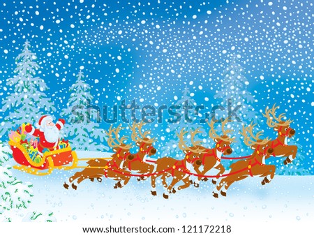 Santa Claus with Christmas gifts drives in his sleigh pulled by reindeers through a snow-covered forest in snowstorm