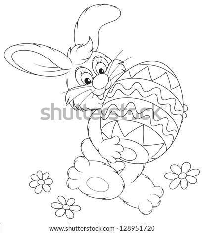 Easter Bunny carrying a decorated Easter egg black and white outline illustration for a coloring book Easter Bunny carrying a decorated Easter egg black and white outline illustration for a coloring book