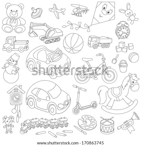 Set of children's toys in cartoon style black and white outline illustrations on a white background Set of children's toys in cartoon style black and white outline illustrations on a white background