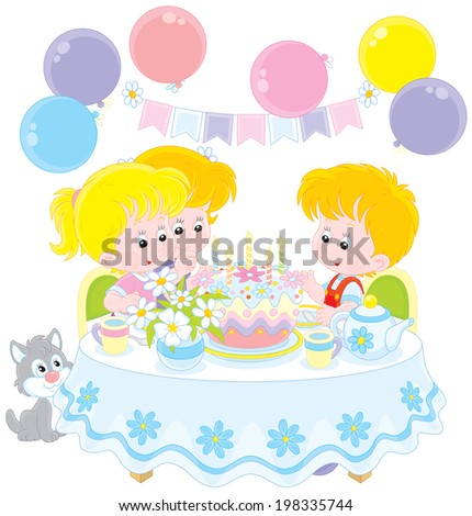 Birthday, little girls and boy having fun at the holiday table with a birthday cake with candles