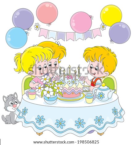 Little girls and boy having fun at the holiday table with a birthday cake
