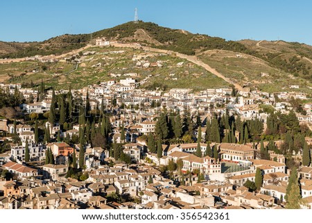 Granada Aerial View Skyline in Andalusia region of Spain. Panorama Cityscape of white home