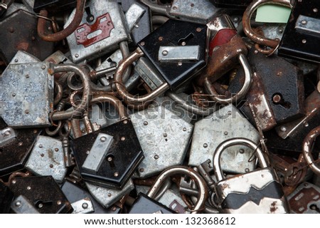 Old rusty locks and keys at flea market in Paris. Selective focus and shallow depth of field.