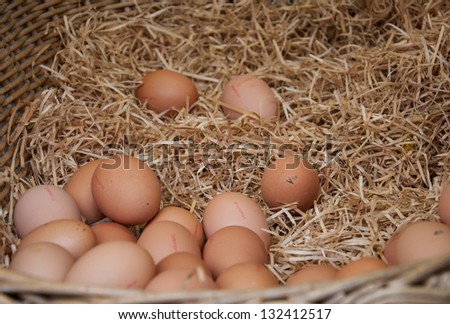 Pile of brown eggs on straw in the basket at farmers market.