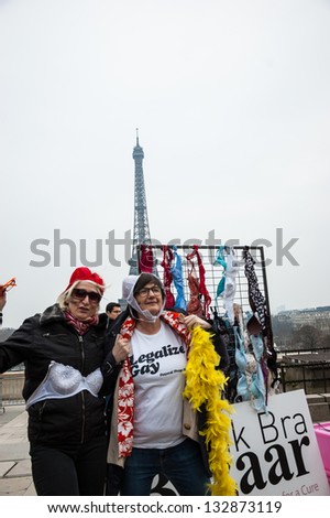 PARIS - MARCH 24: Two of participants of flash mob for raising awareness for breast cancer call also for gay legalize on March 24, 2013 in Paris, France.