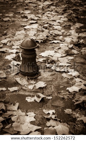 Autumn leaves on the stone pavement and old iron cast roadblock column. Sepia. Retro style.