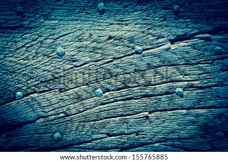 Old turquoise wooden texture with nail heads and cracks. Shadowed angles.