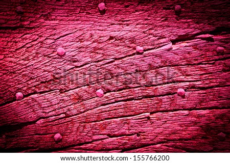 Old magenta wooden texture with nail heads and cracks. Shadowed angles.
