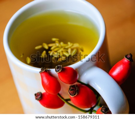 Cup of fennel tea with seeds with rosehip and chestnut decoration. Selective focus on the rosehips.
